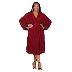 24seven Comfort Apparel Women's Plus Size Shimmer V-Neck Midi Dress Wine Red 2X